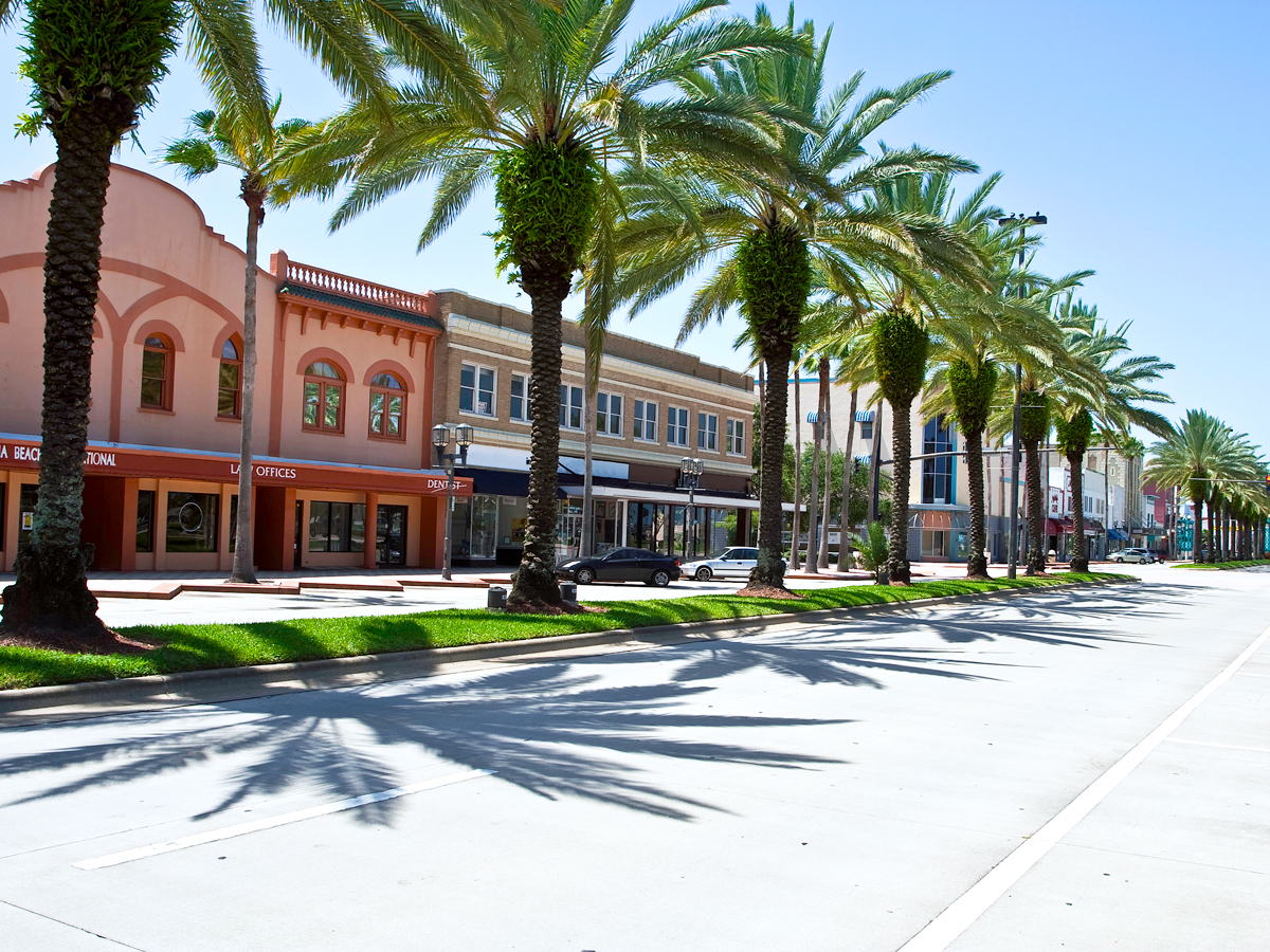 Palm trees on median in Daytona Beach, Florida