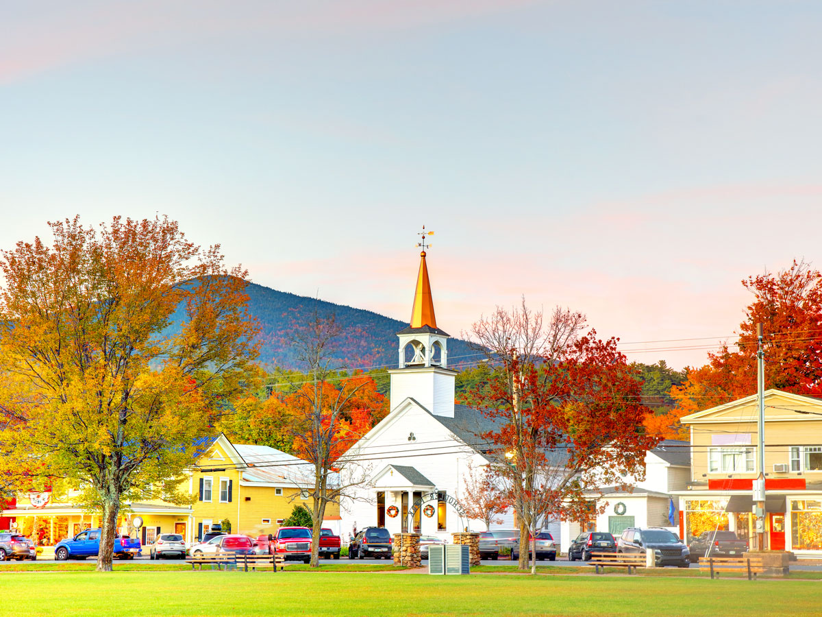 Church surrounded by fall foliage in Conway, New Hampshire