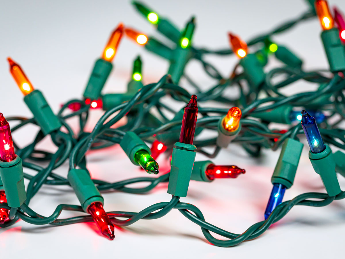 A close-up view of a string of Christmas lights