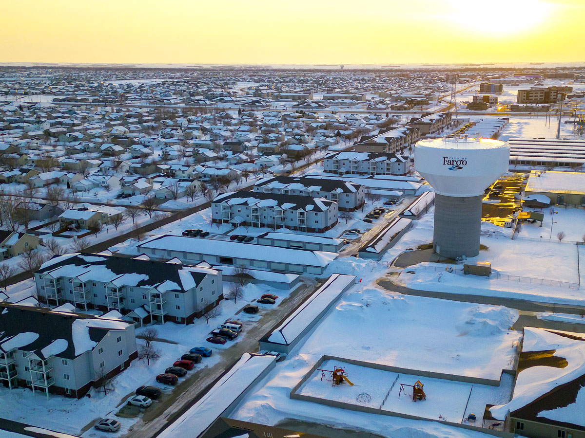 Aerial view of snow-covered Fargo, North Dakota
