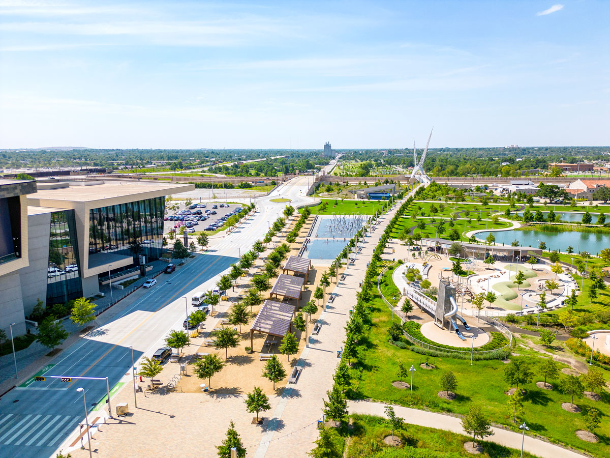Aerial view of Scissortail Park in Oklahoma City
