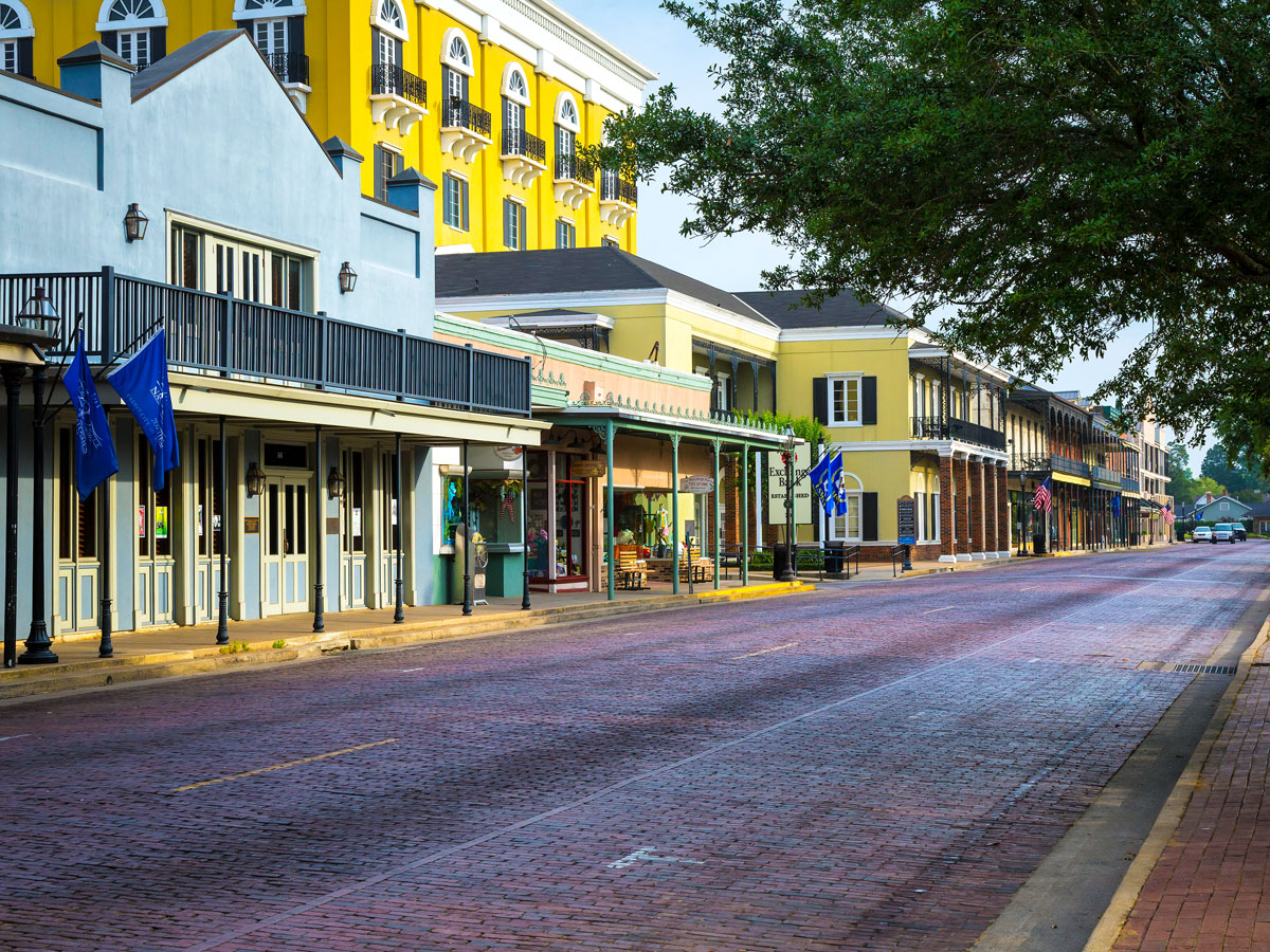 Brightly painted buildings in Natchitoches, Louisiana