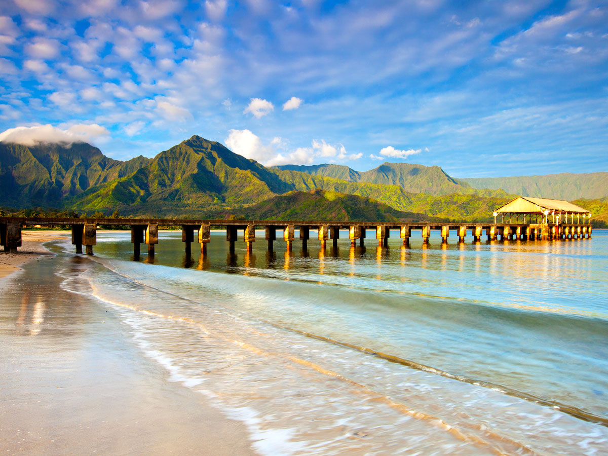 Hanalei Pier extending out over Hanalei Bay in Kauai