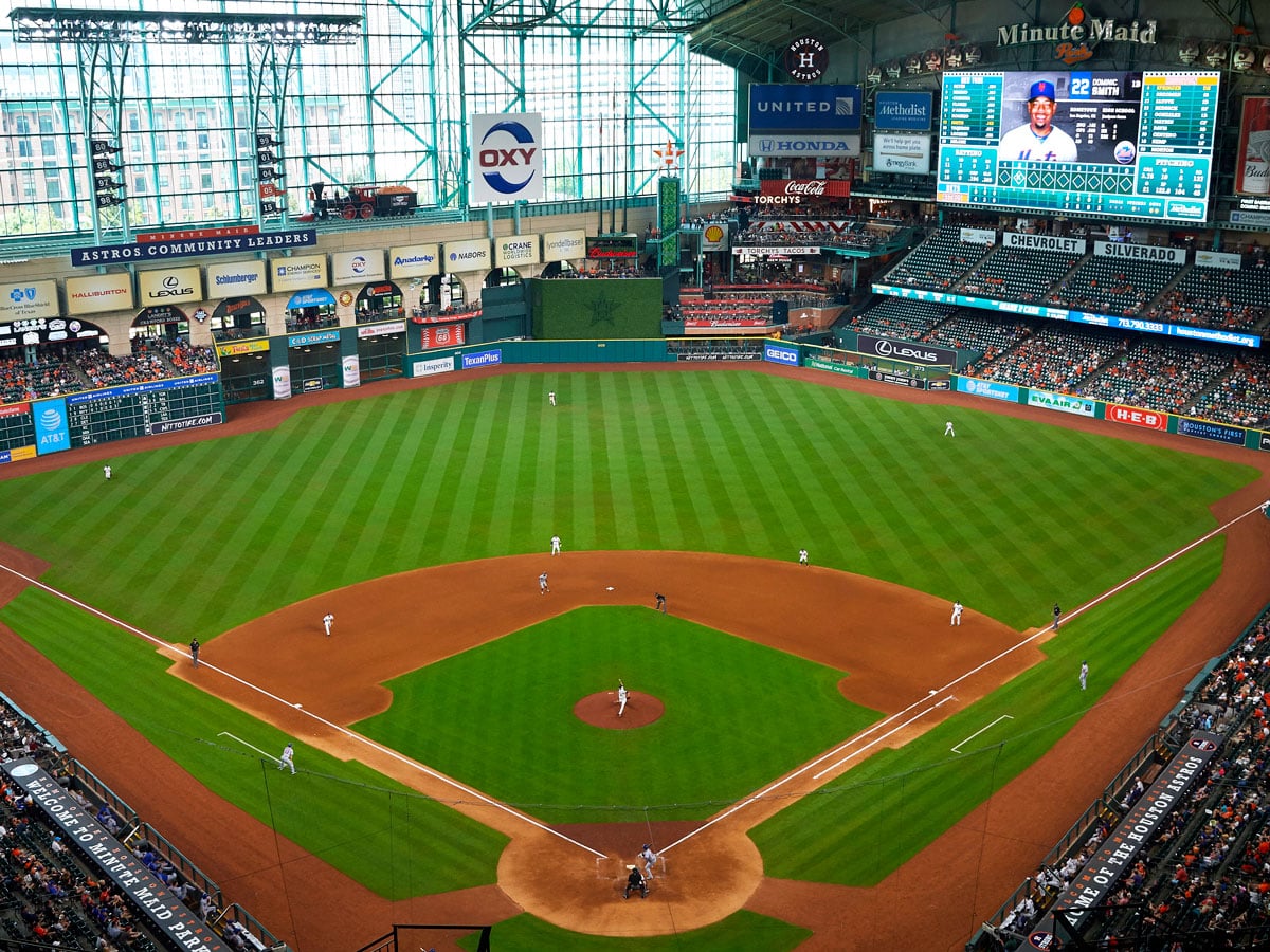 View of game from upper levels at Daikin Park in Houston, Texas
