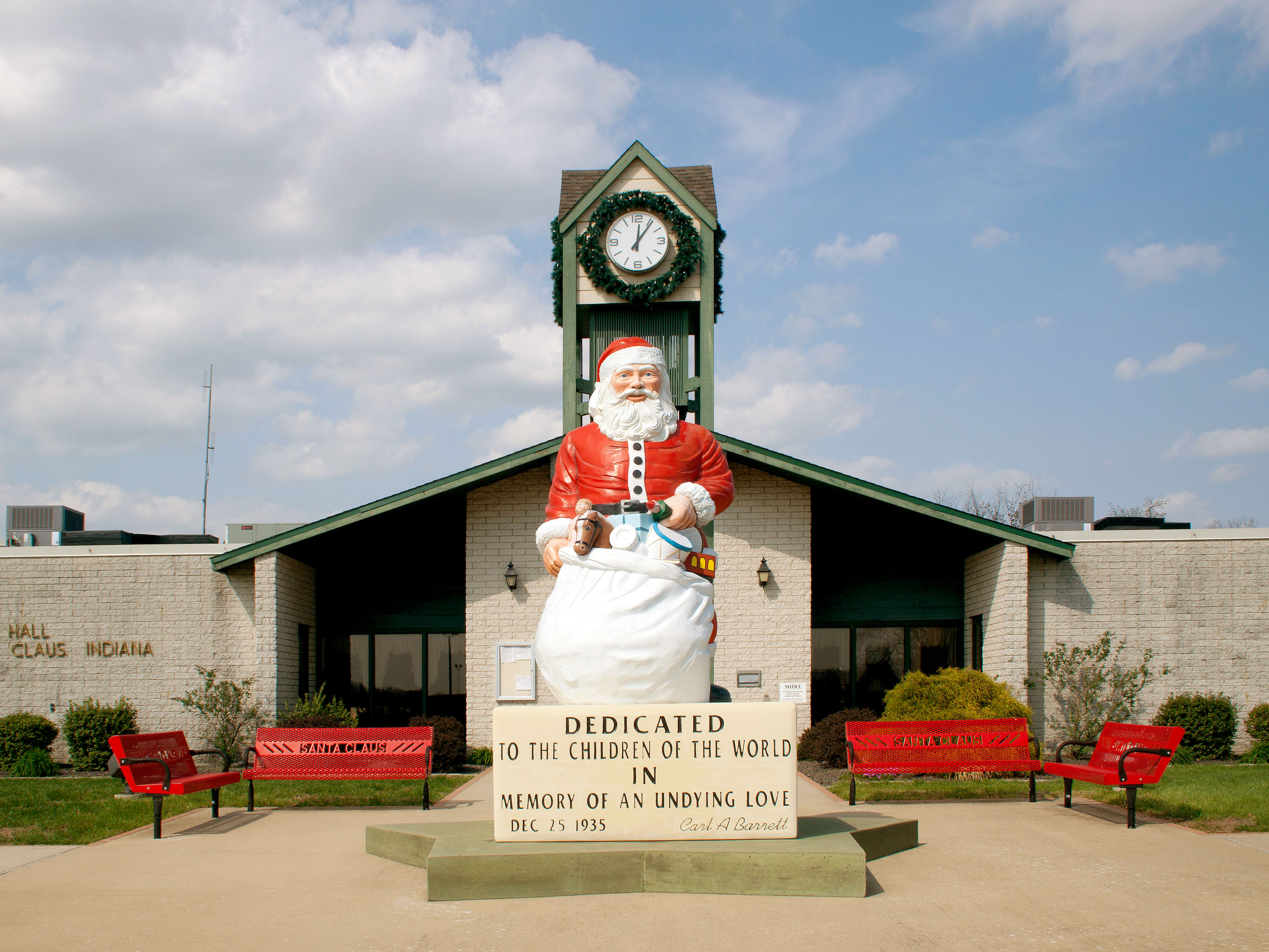 Santa statue outside city hall in Santa Claus, Indiana