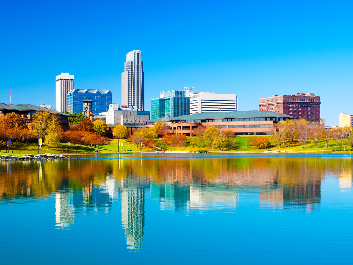 Omaha skyline with reflection on lake