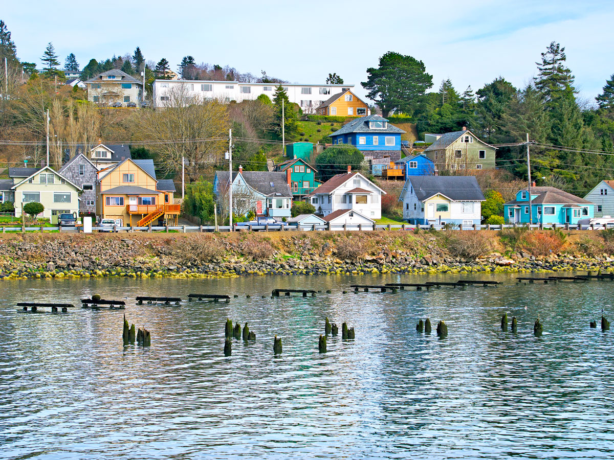 Colorful homes on the water in Astoria, Oregon