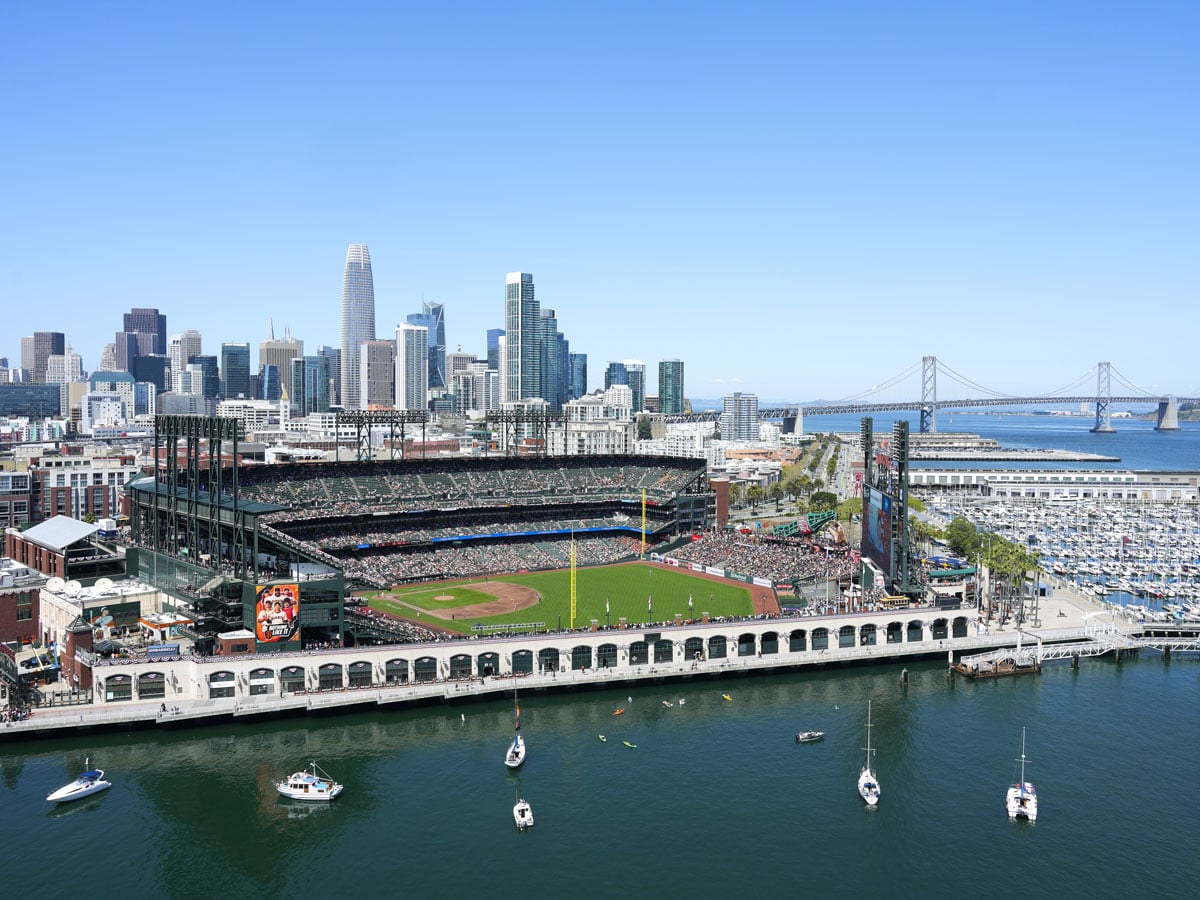 Aerial view of Oracle Park with bay and San Francisco skyline
