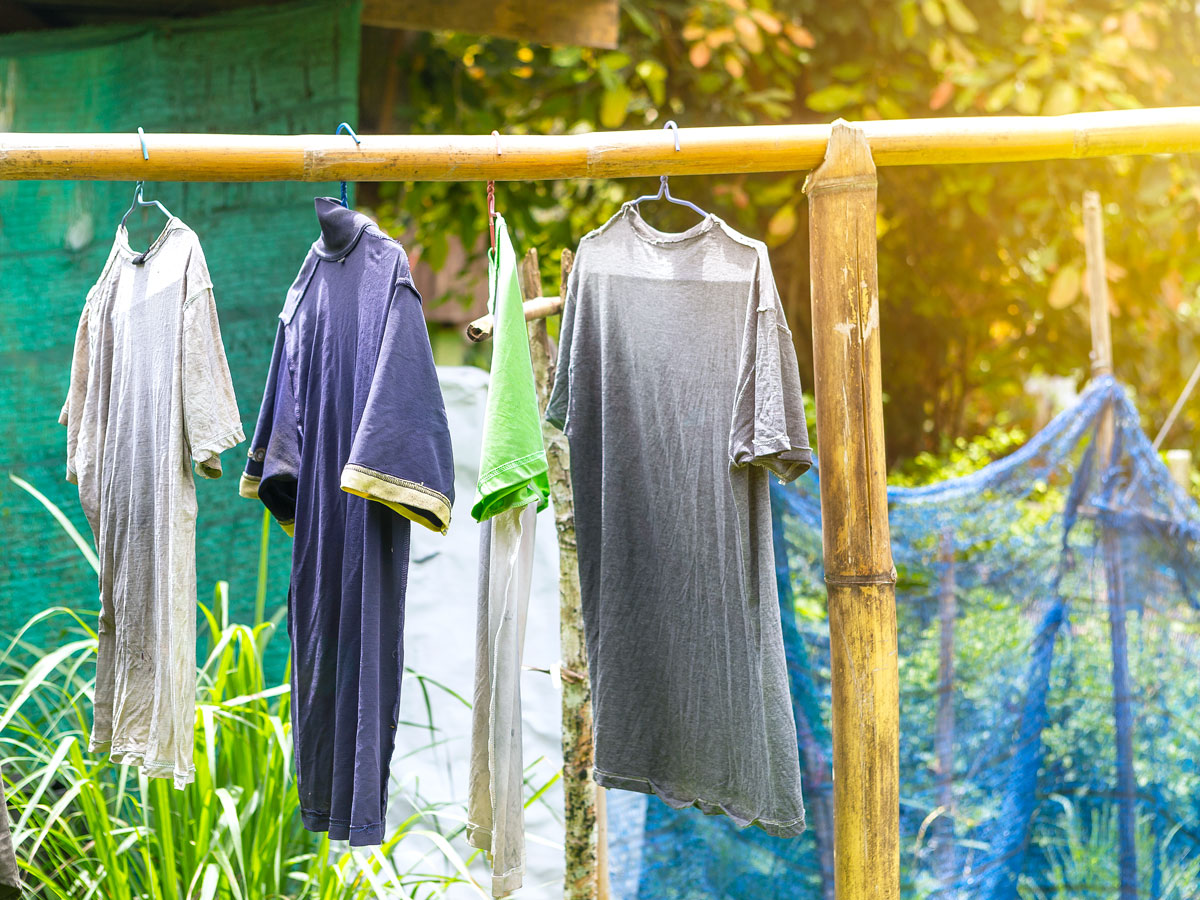Laundry hang-drying on bamboo pole