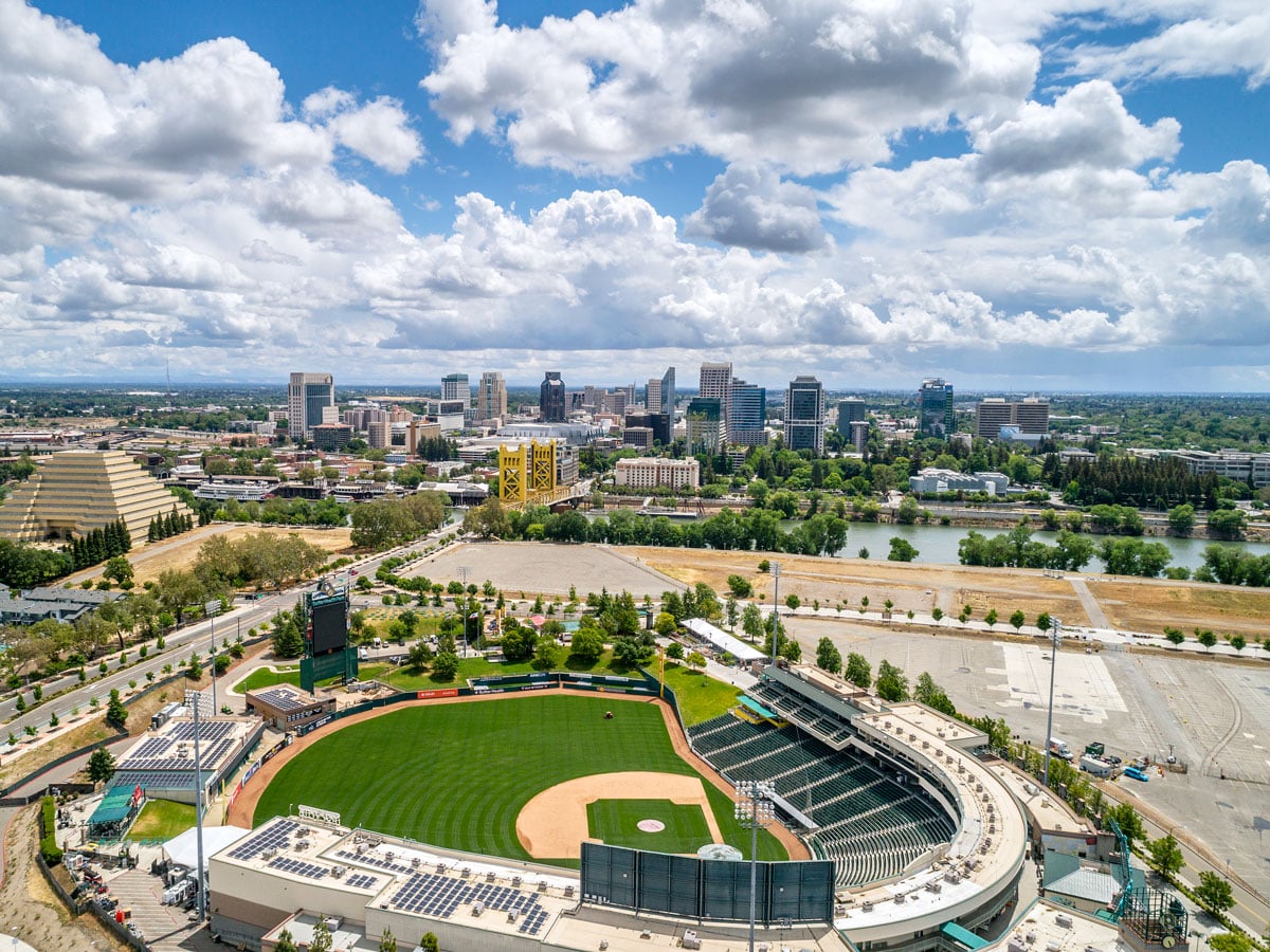 Aerial view of Sutter Health Park and Sacramento skyline