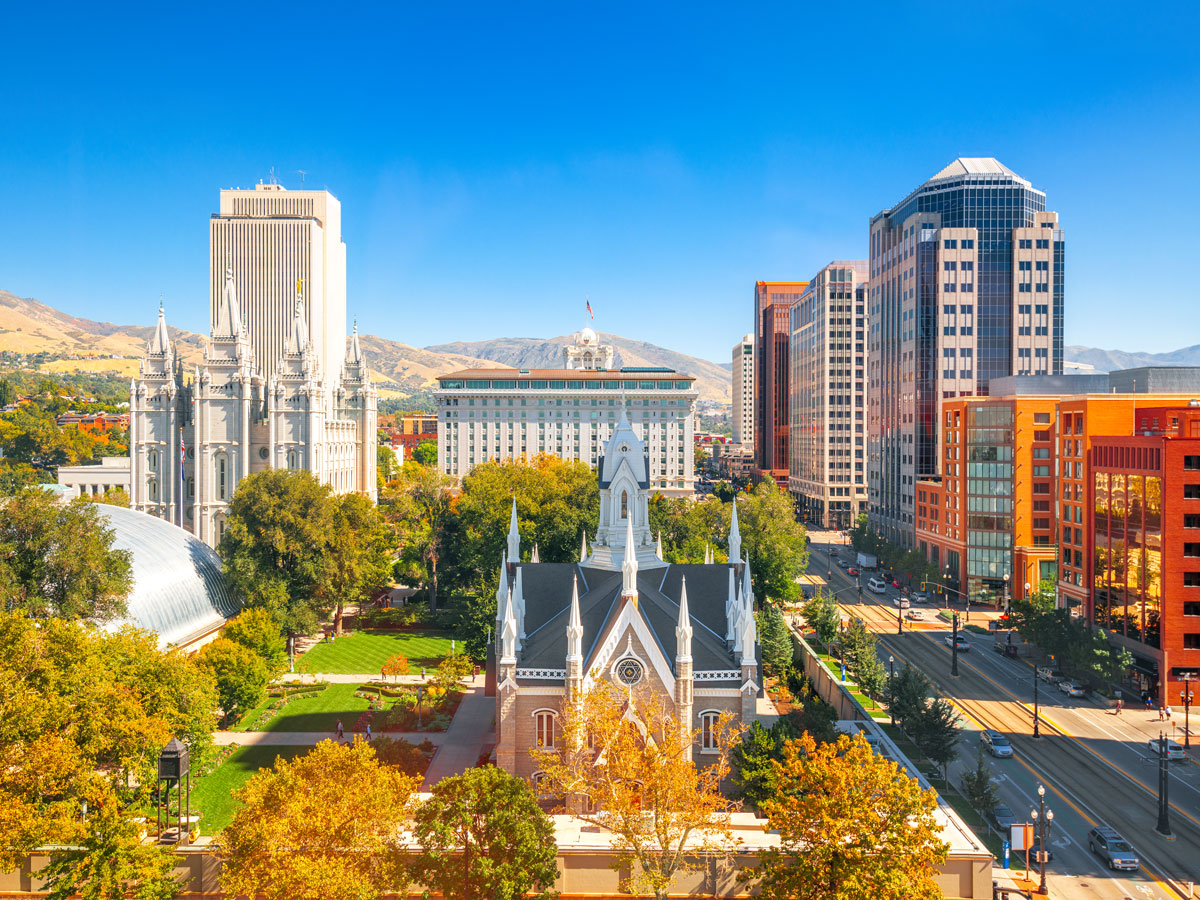 Aerial view of Temple Square and downtown Salt Lake City headquarters