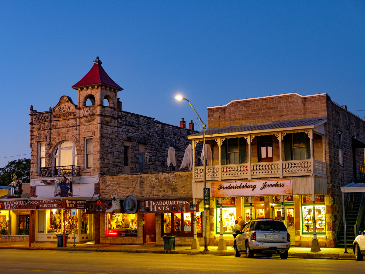 Downtown Fredericksburg, Texas, seen at night