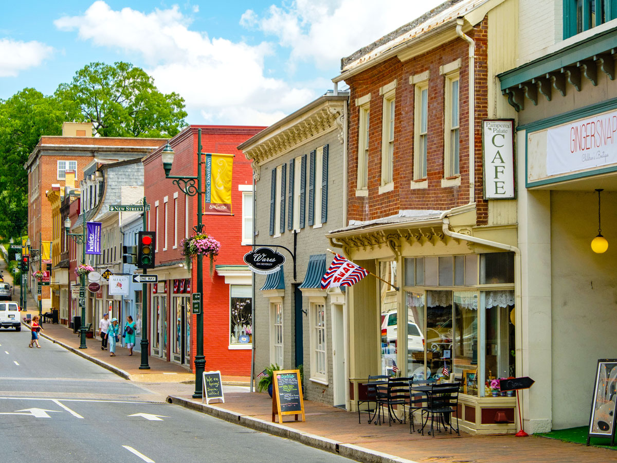 Restaurants and storefronts in downtown Staunton, Virginia