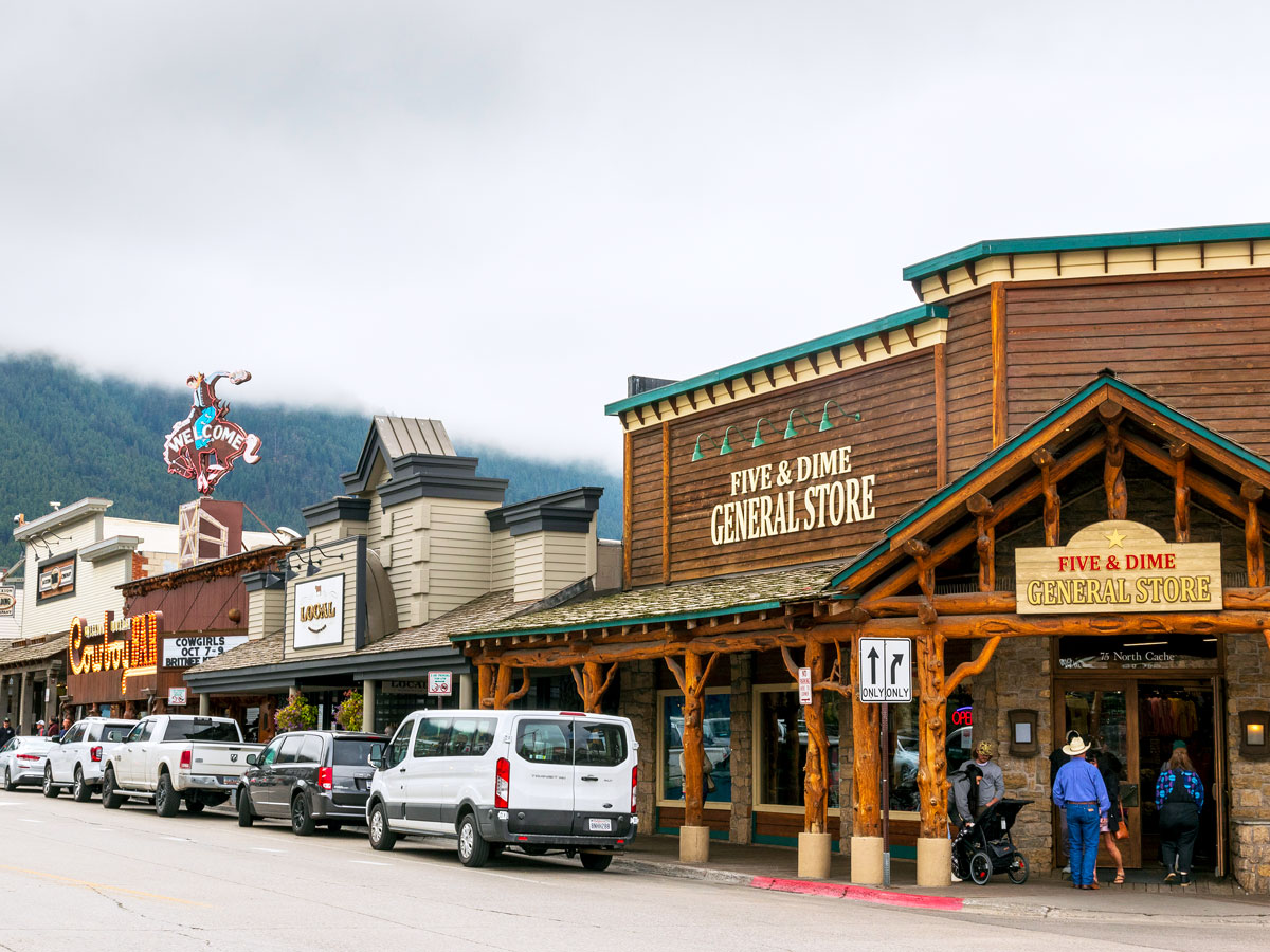 General store on a cloudy day in Jackson Hole, Wyoming
