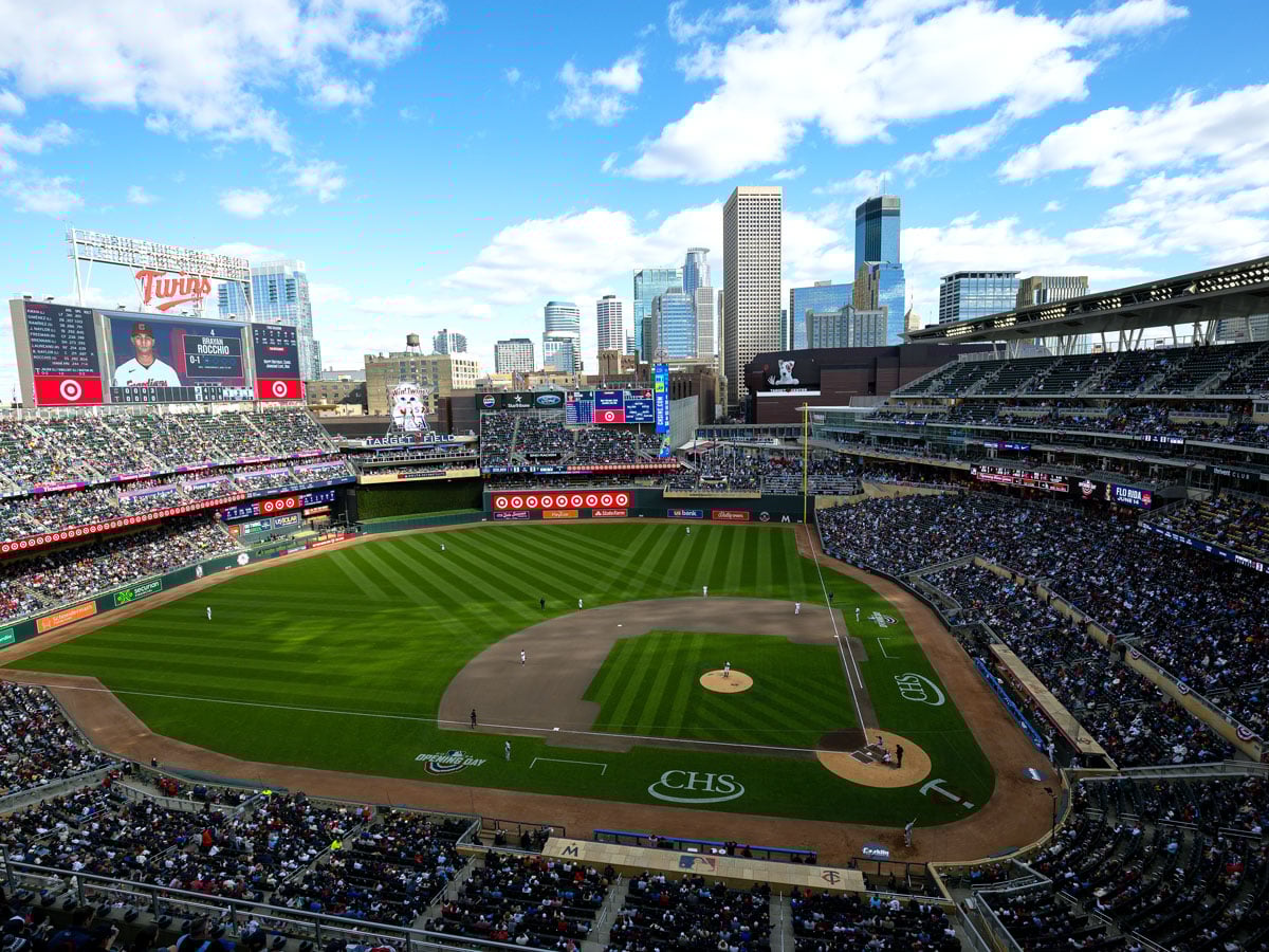 Target Field seen from upper levels with Minneapolis skyline behind