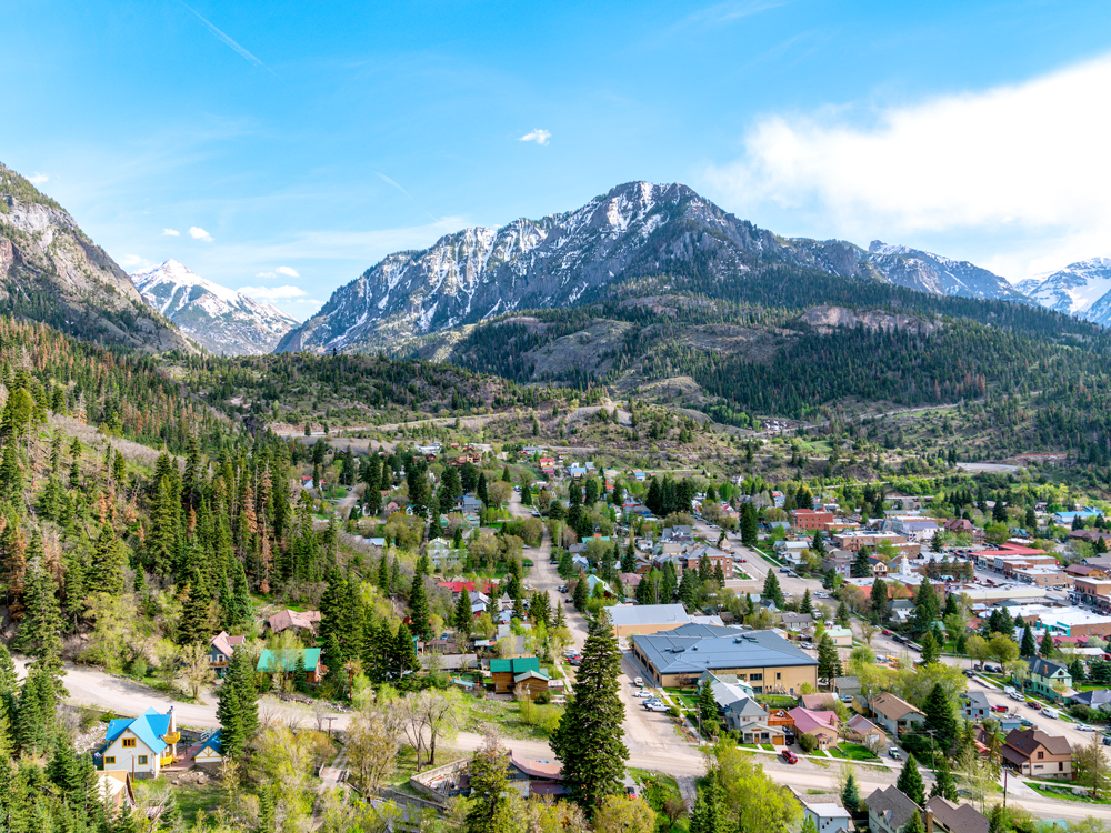 Aerial view of Ouray, Colorado, surrounded by the San Juan Mountains