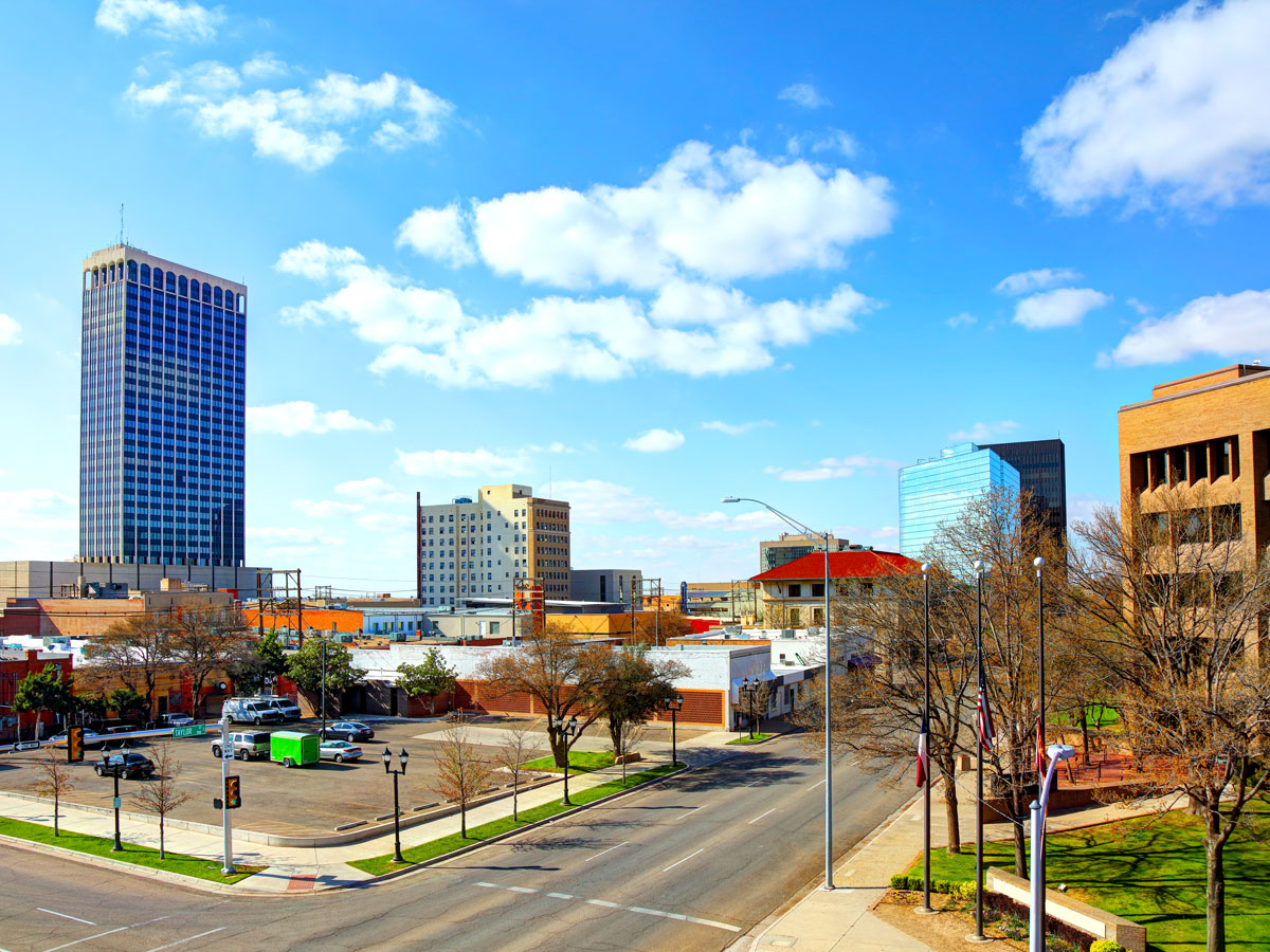 Parking lot and high-rises in downtown Amarillo, Texas