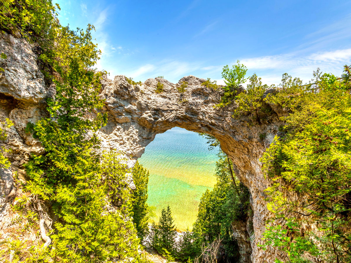 Natural rock arch overlooking Lake Huron on Mackinac Island