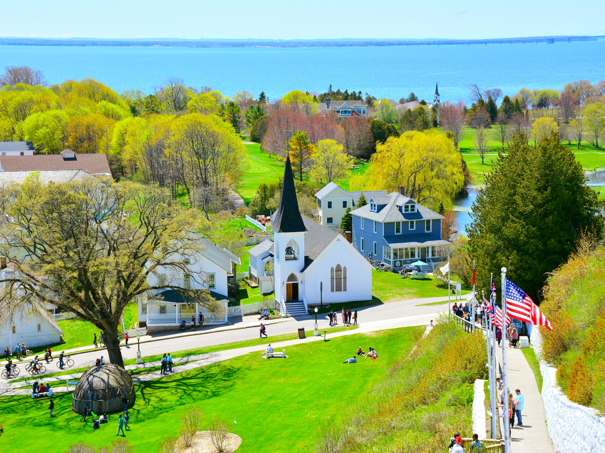 Church and homes on Mackinac Island, seen from above