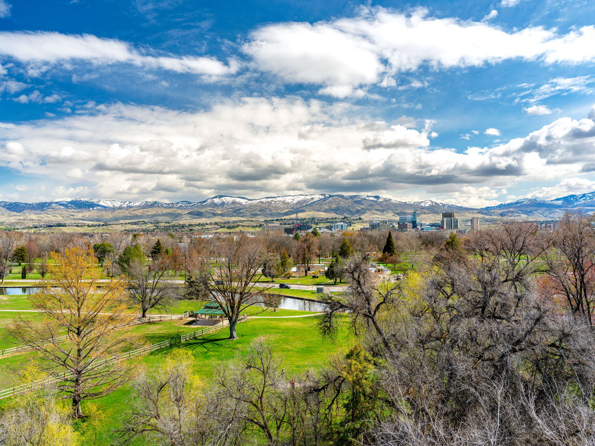 Public park and mountains in background in Boise, Idaho