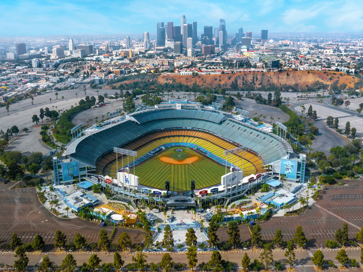 Aerial view of Dodger Stadium and downtown L.A. skyline