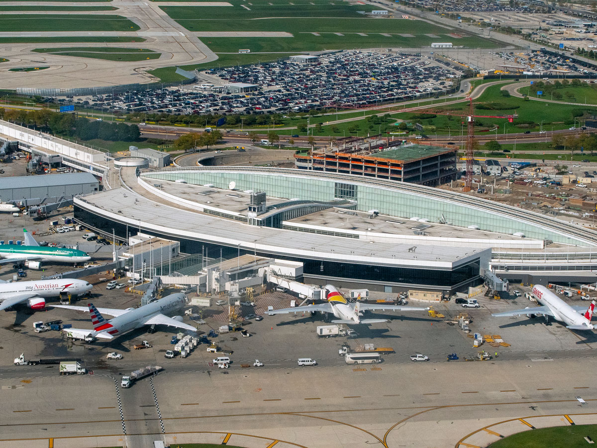 Aerial view of jets parked at Terminal 5 at Chicago O'Hare International Airport