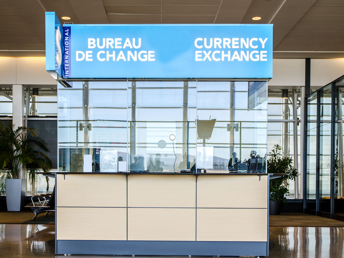 Currency exchange kiosk in airport terminal