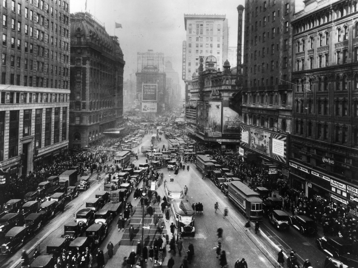 Busy scene in Times Square, New York City, from circa 1927