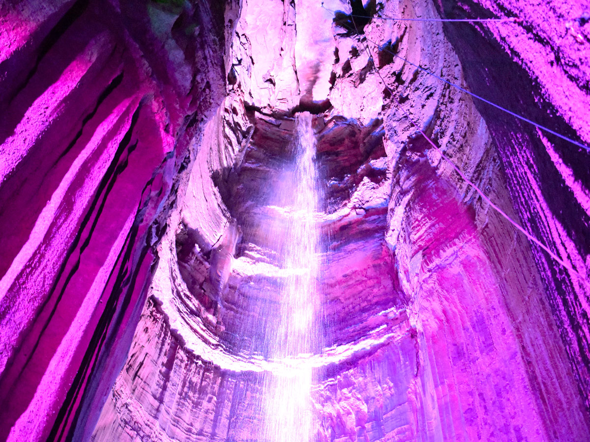 Underground Ruby Falls in Tennessee with purple lighting