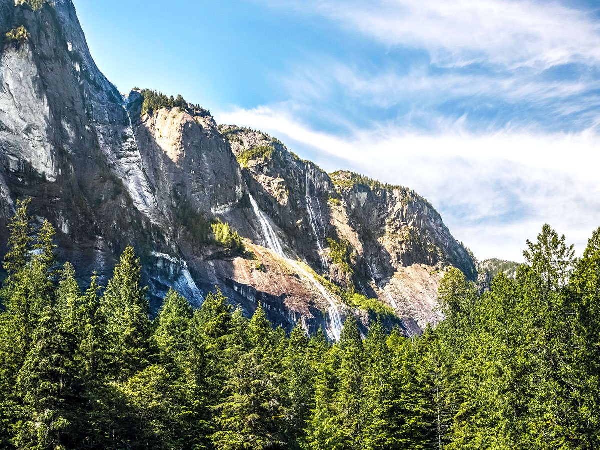James Bruce Falls in British Columbia, seen in the distance