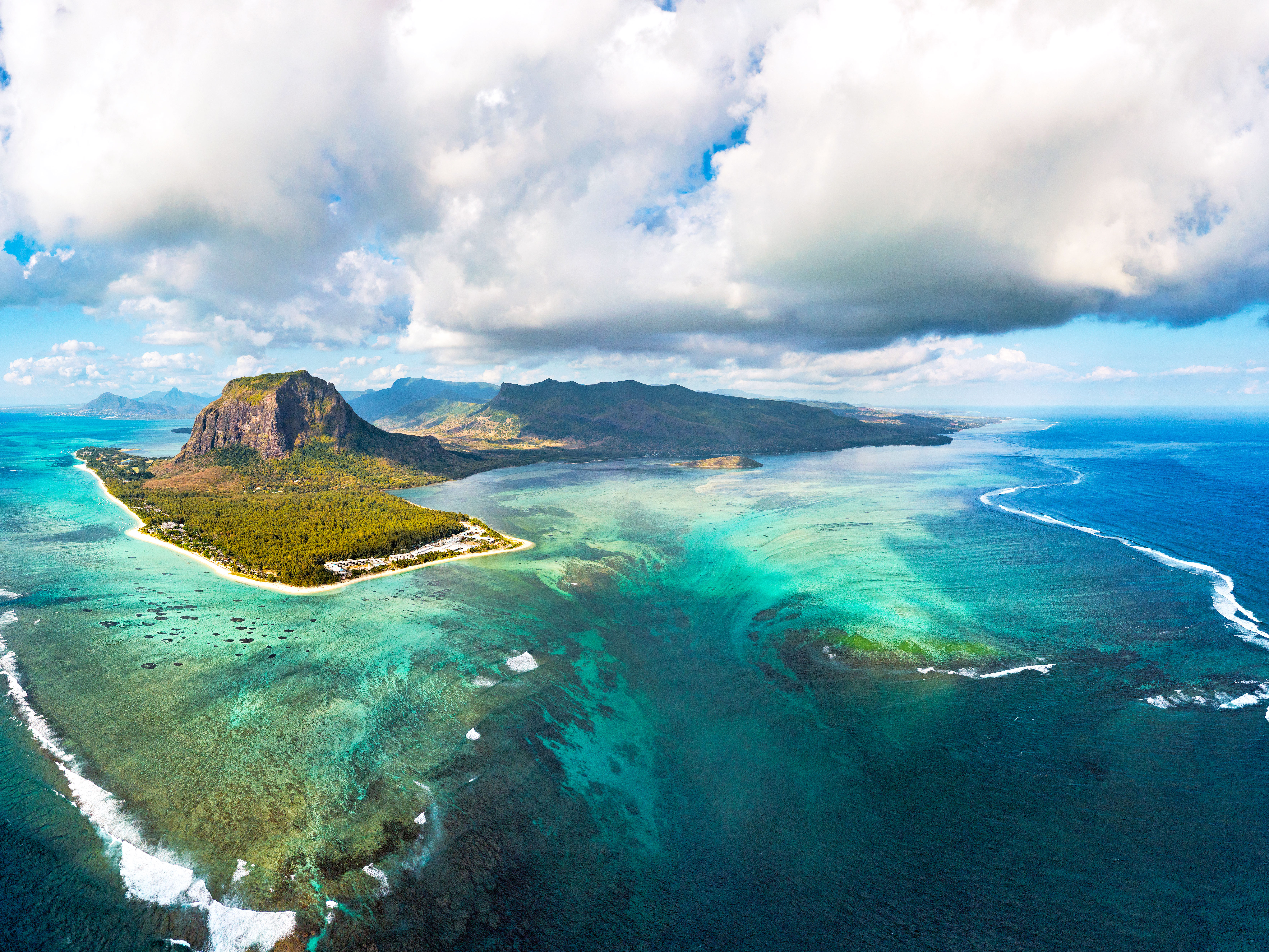Aerial view of the "Underwater Waterfall" of Mauritius