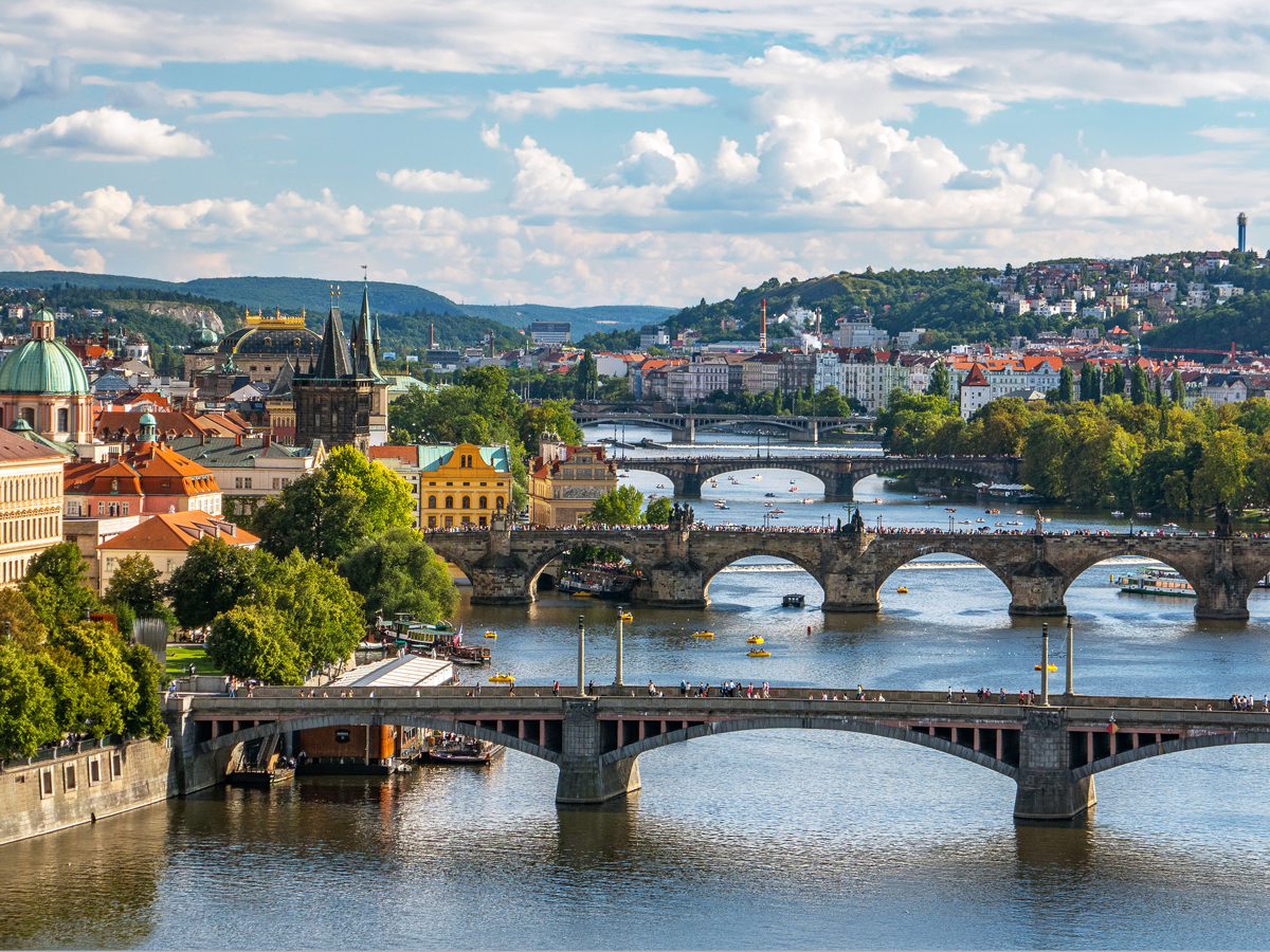 Aerial view over the Charles River in Prague, Czechia