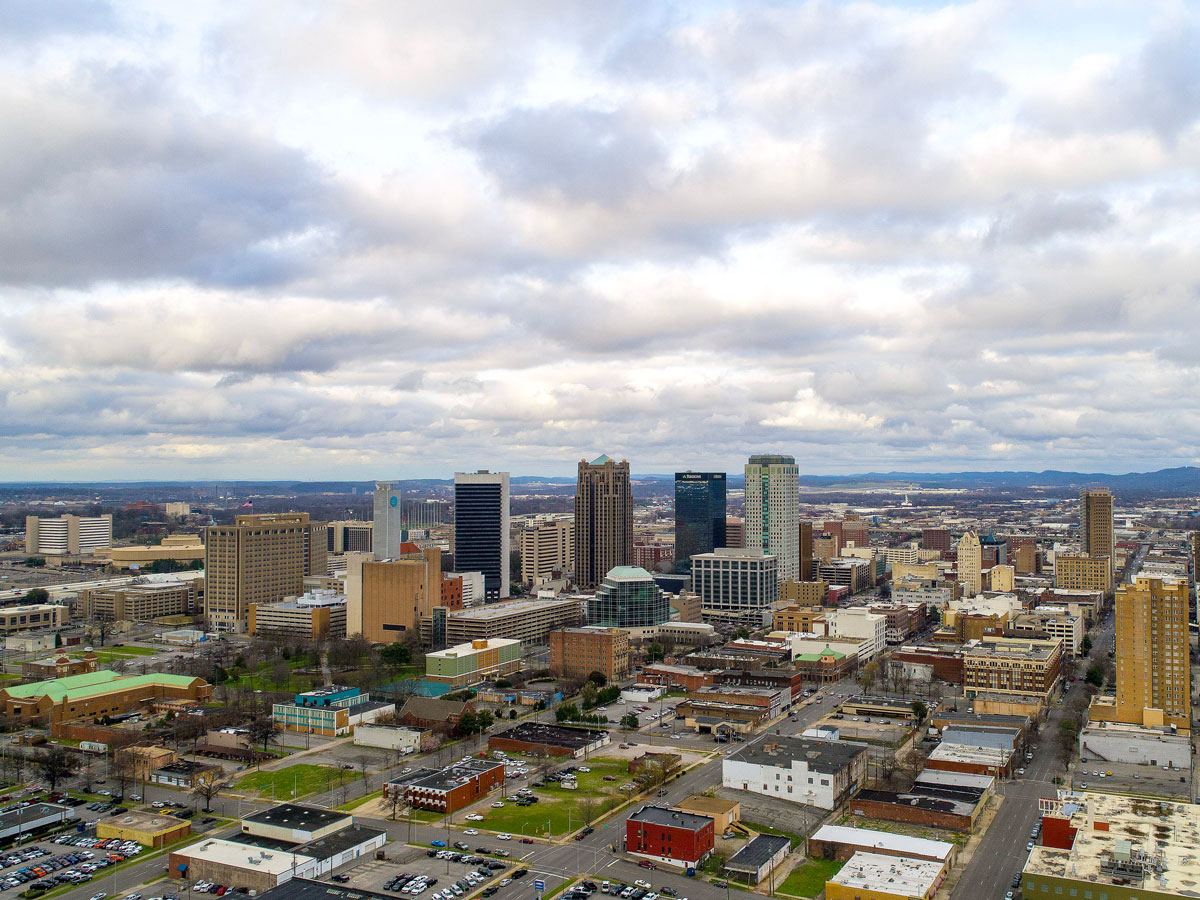 Aerial view of Birmingham skyline on cloudy day