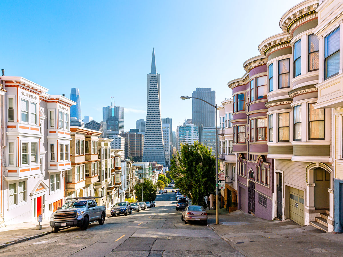 View of Transamerica Building from residential San Francisco street