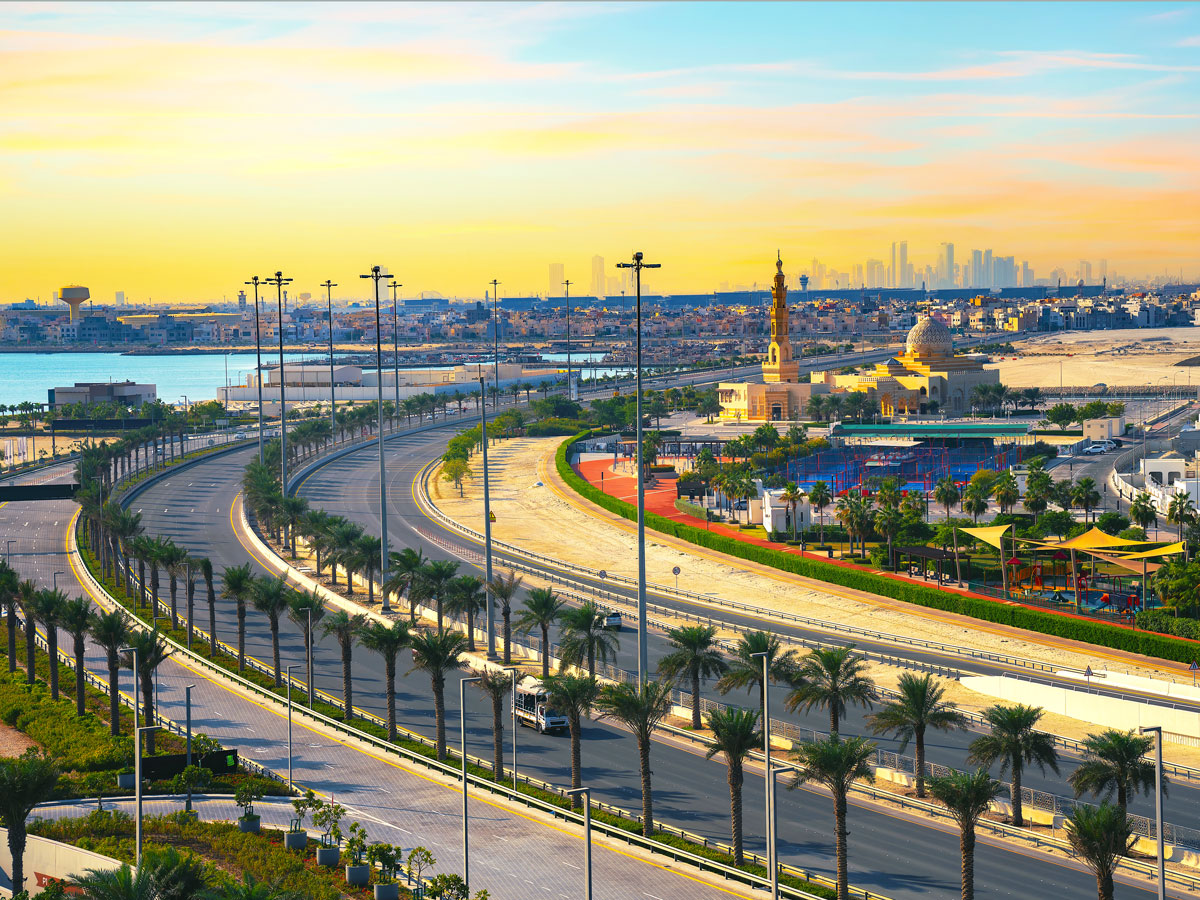 Aerial view of highway in Bahrain at sunset
