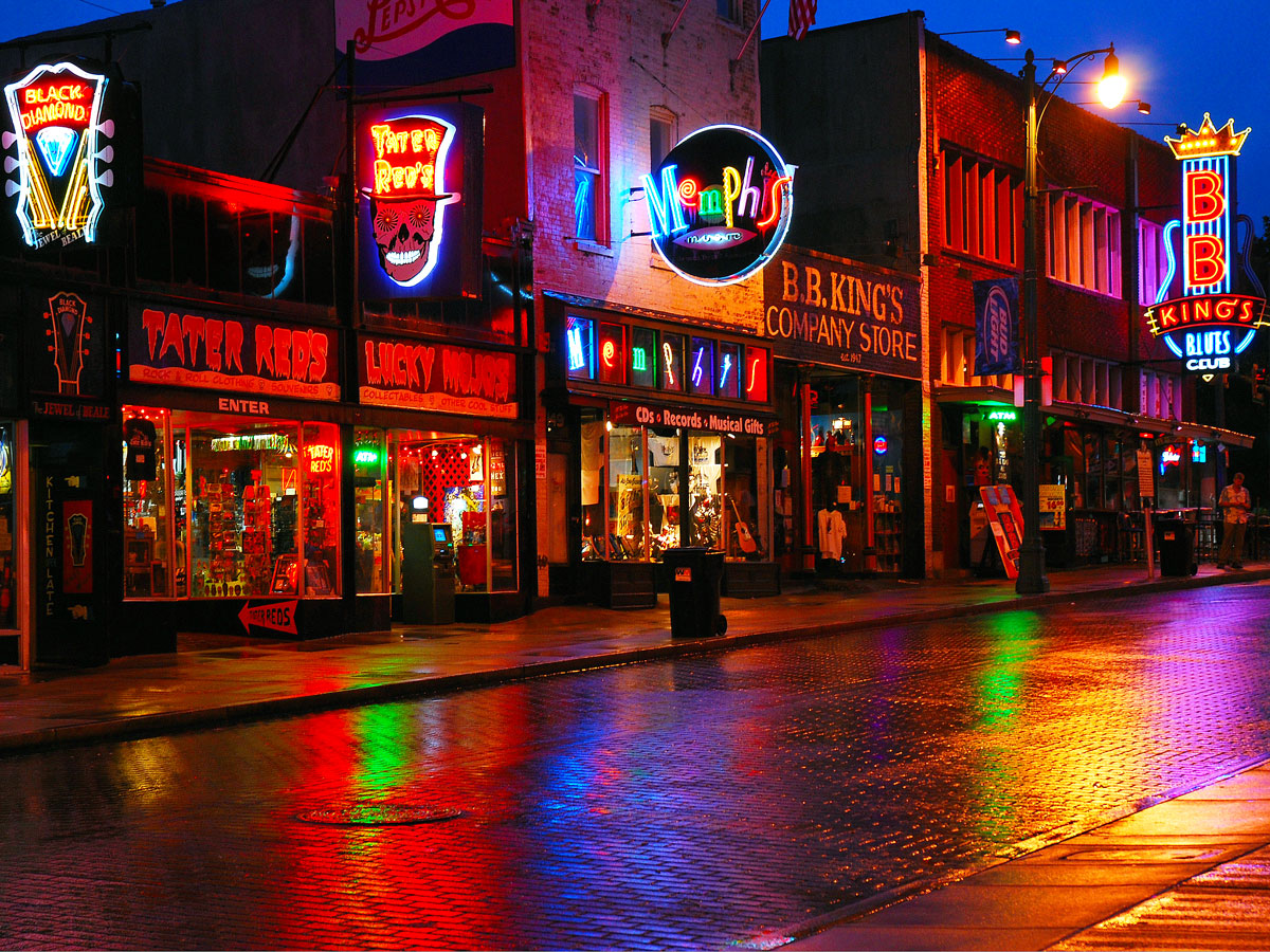 Memphis' Beale Street on rainy evening