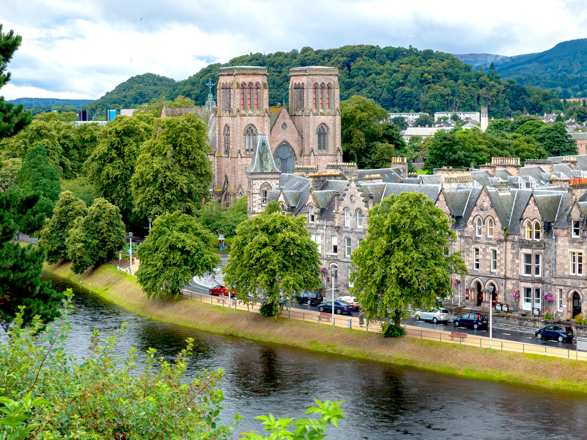 Inverness Cathedral along river in Inverness, Scotland