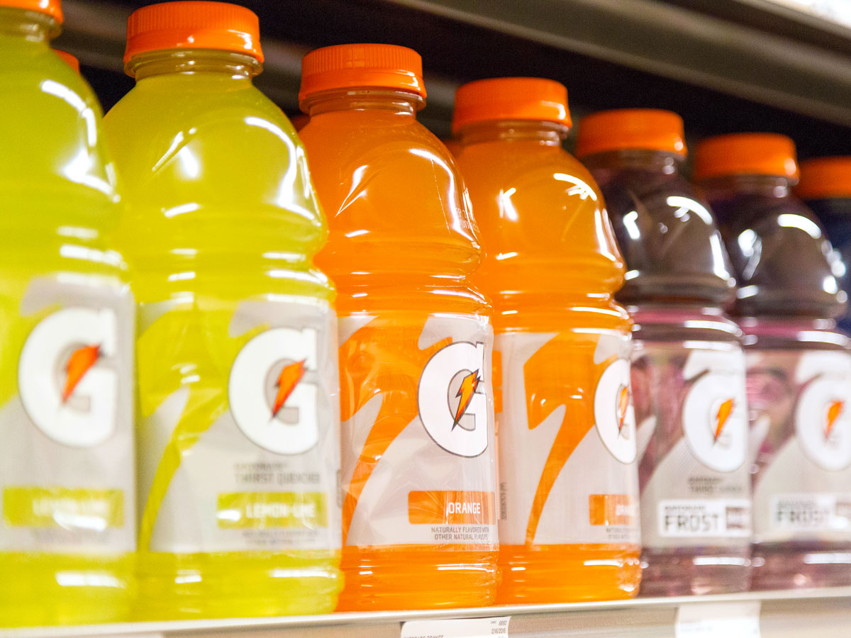 Various Gatorade flavors on supermarket shelf