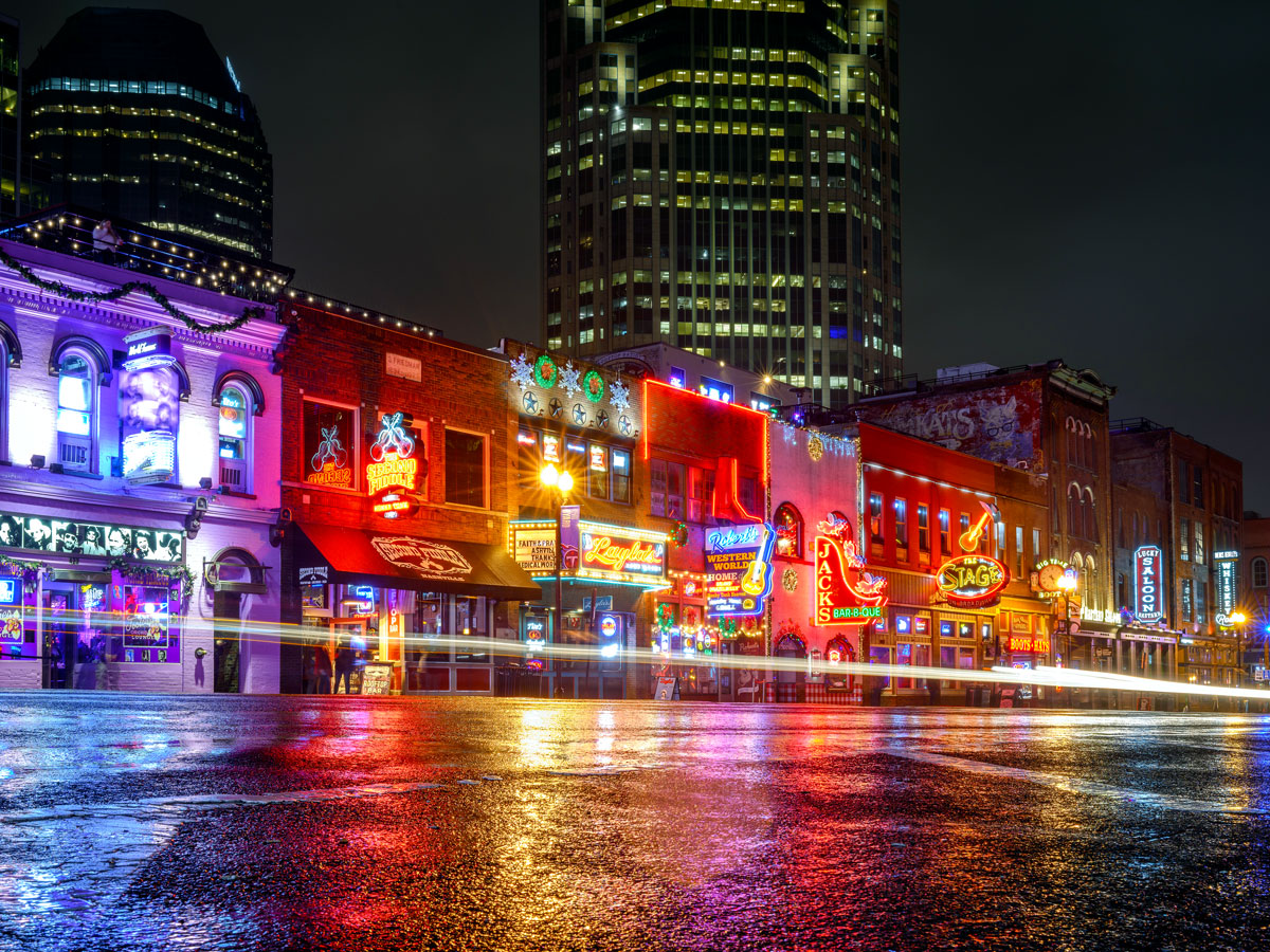 Nashville's Broadway on rainy evening