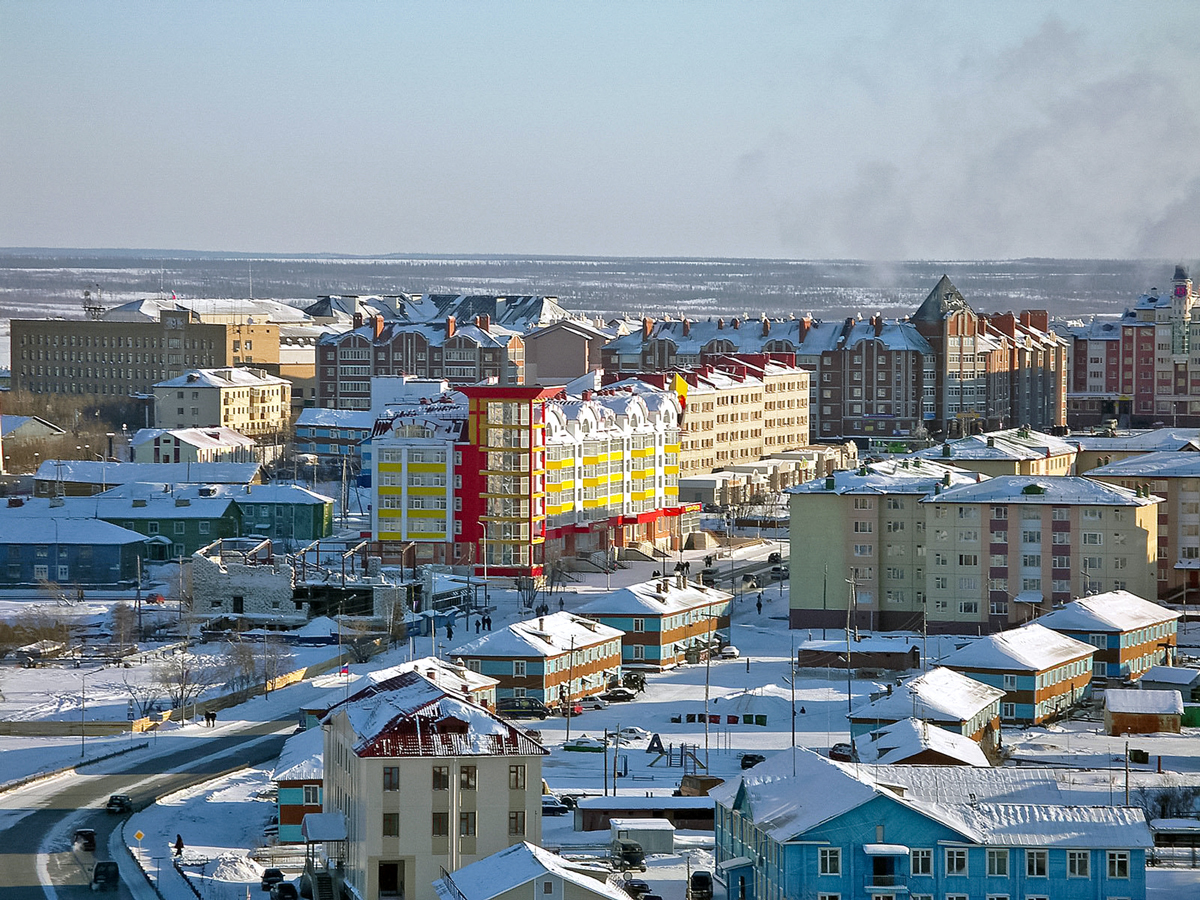 Snow-covered buildings in Salekhard, Russia