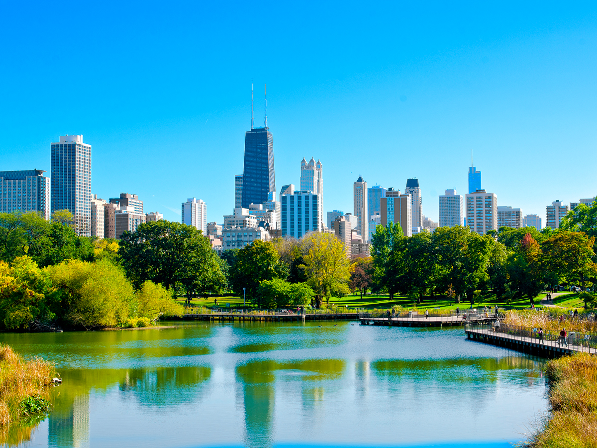 Lincoln Park Pond and Chicago skyline