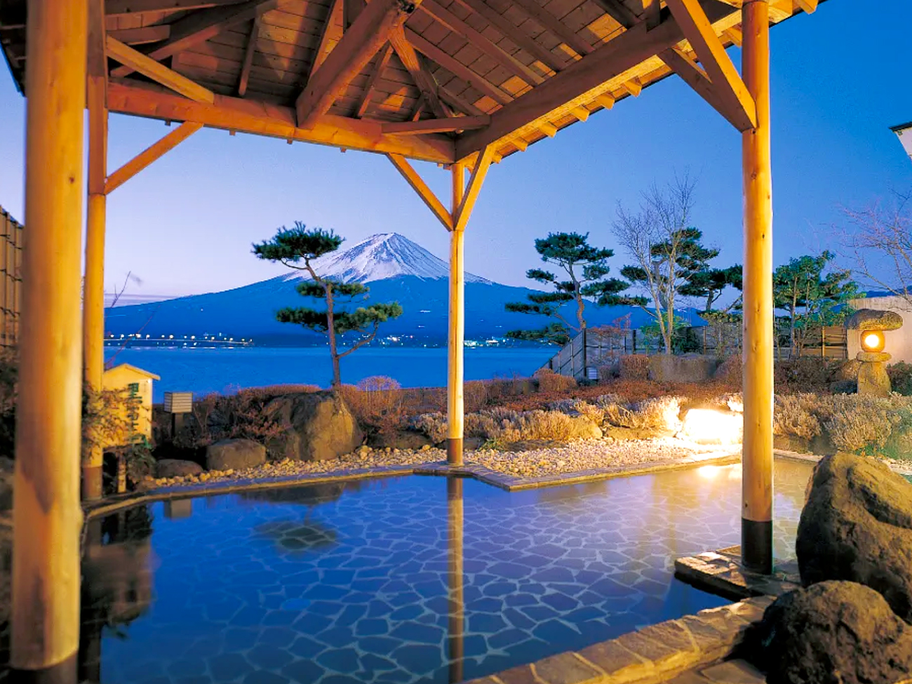 View of Mount Fuji at dusk from hot springs of Shuhoukaku Kogetsu hotel in Japan