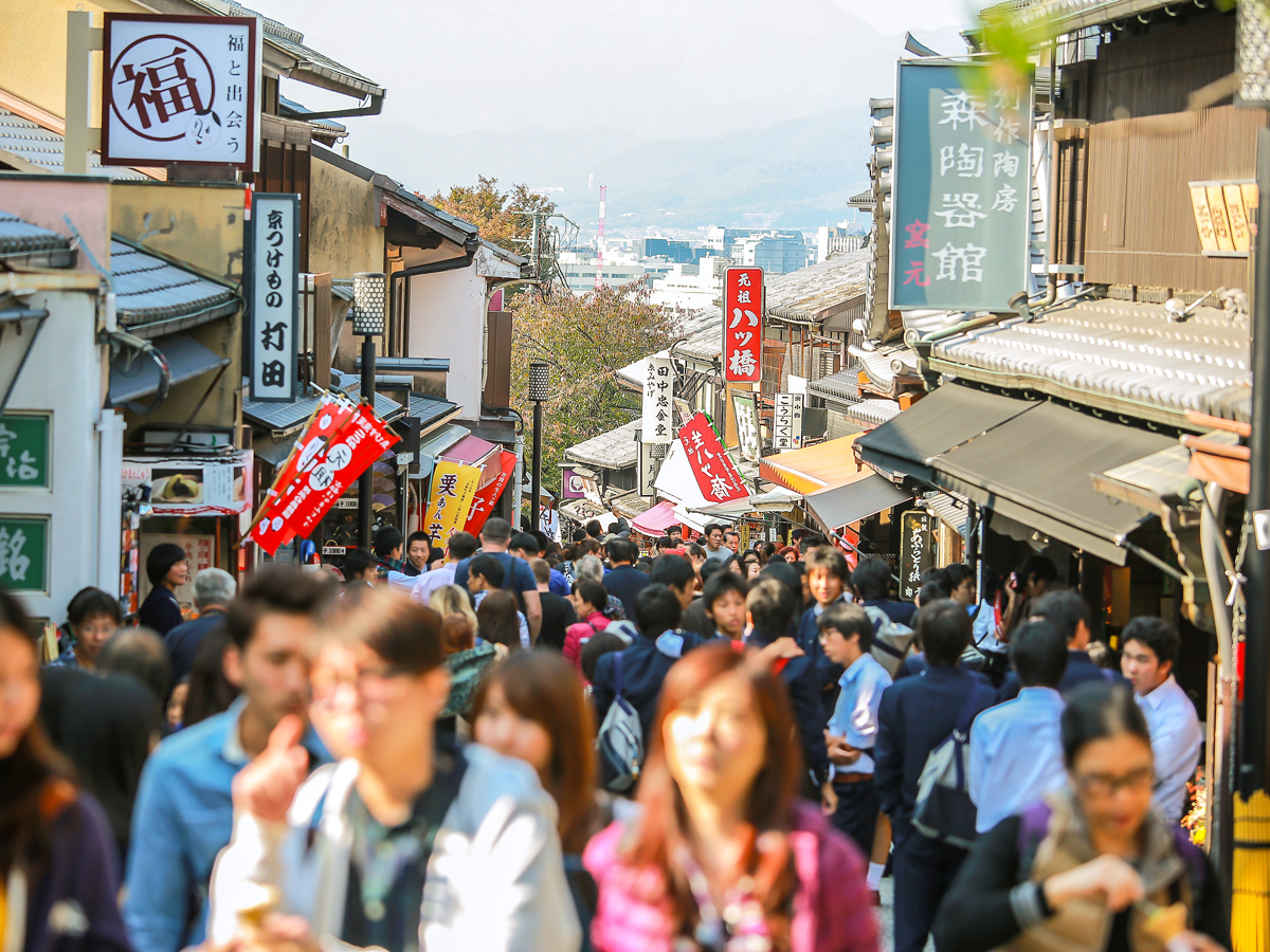 Crowds of tourists in Kyoto, Japan