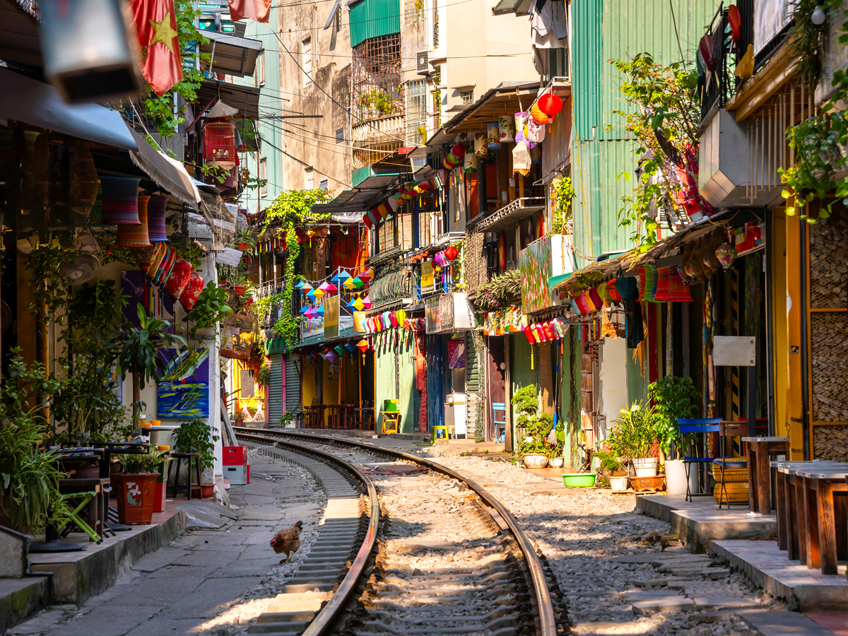 Railroad tracks next to buildings in Hanoi, Vietnam