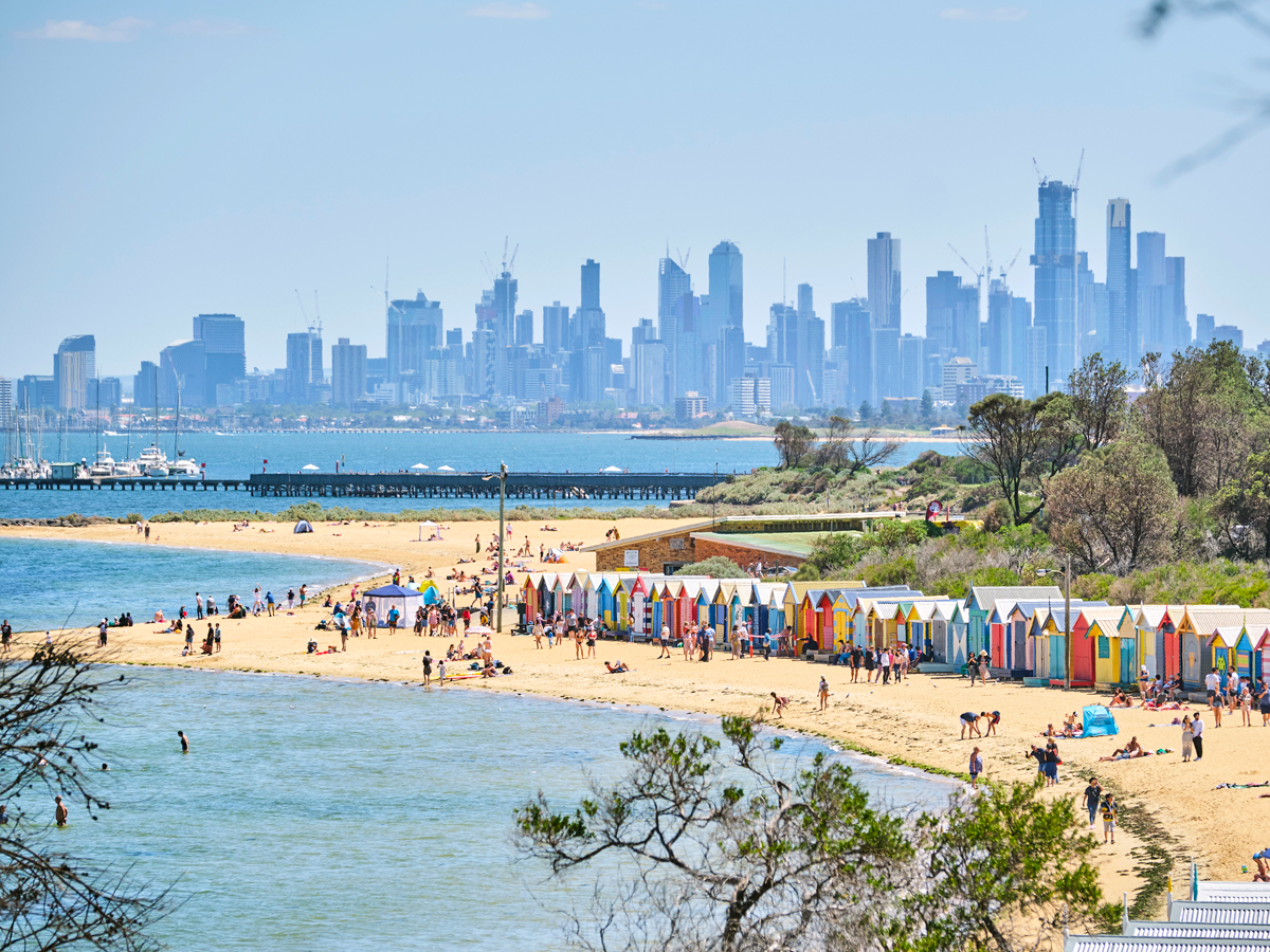 Beach with Melbourne skyline in background