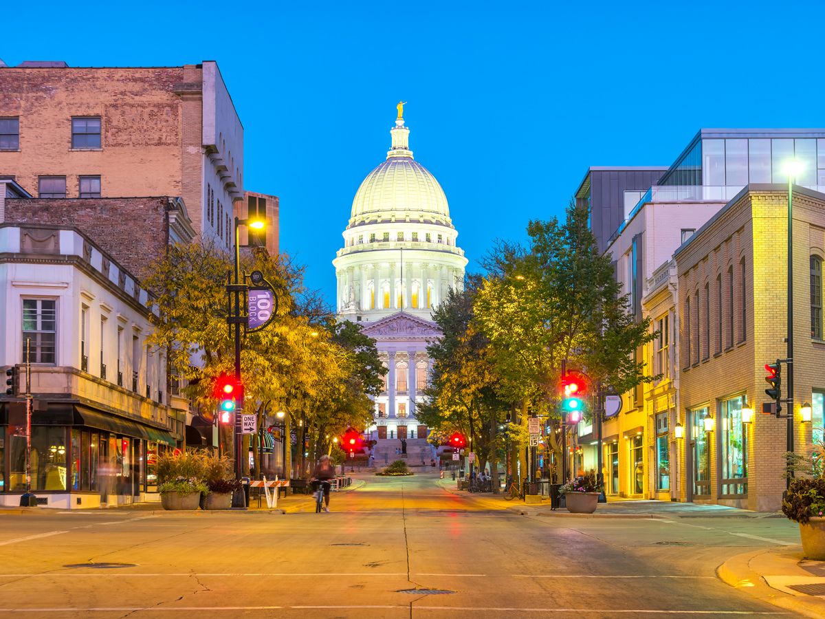 Wisconsin State Capitol in Madison illuminated at night