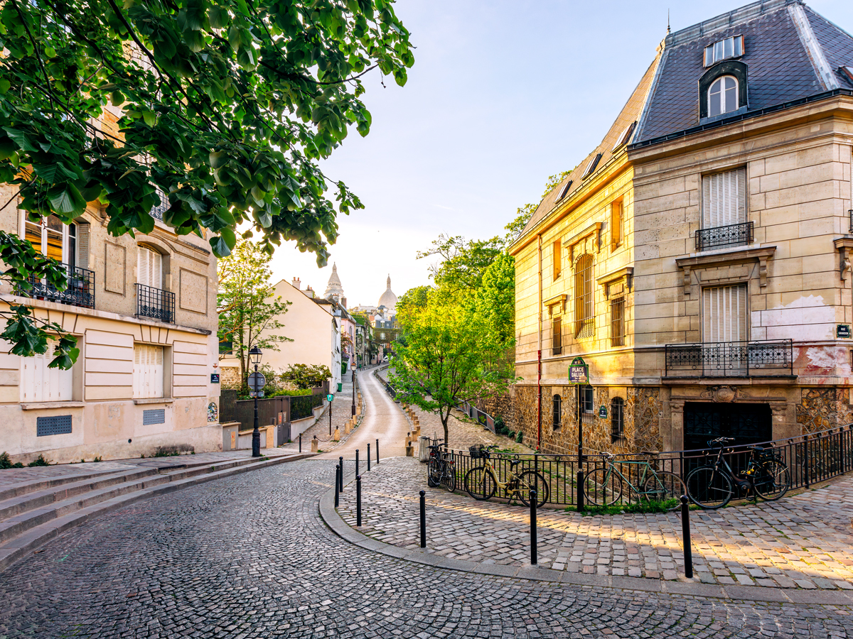 Cobblestone street in Montmarte district of Paris, France