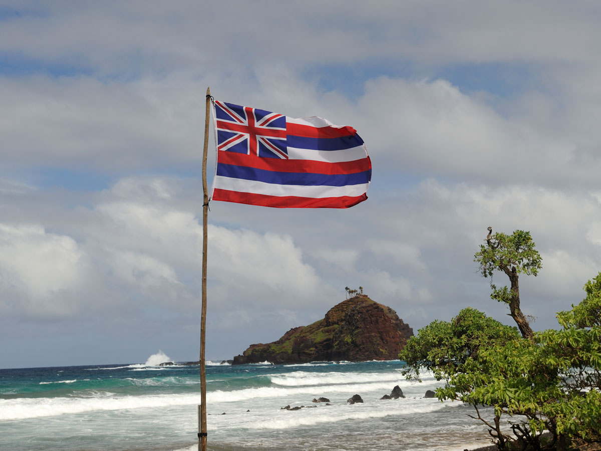 Hawaii flag flying over beach