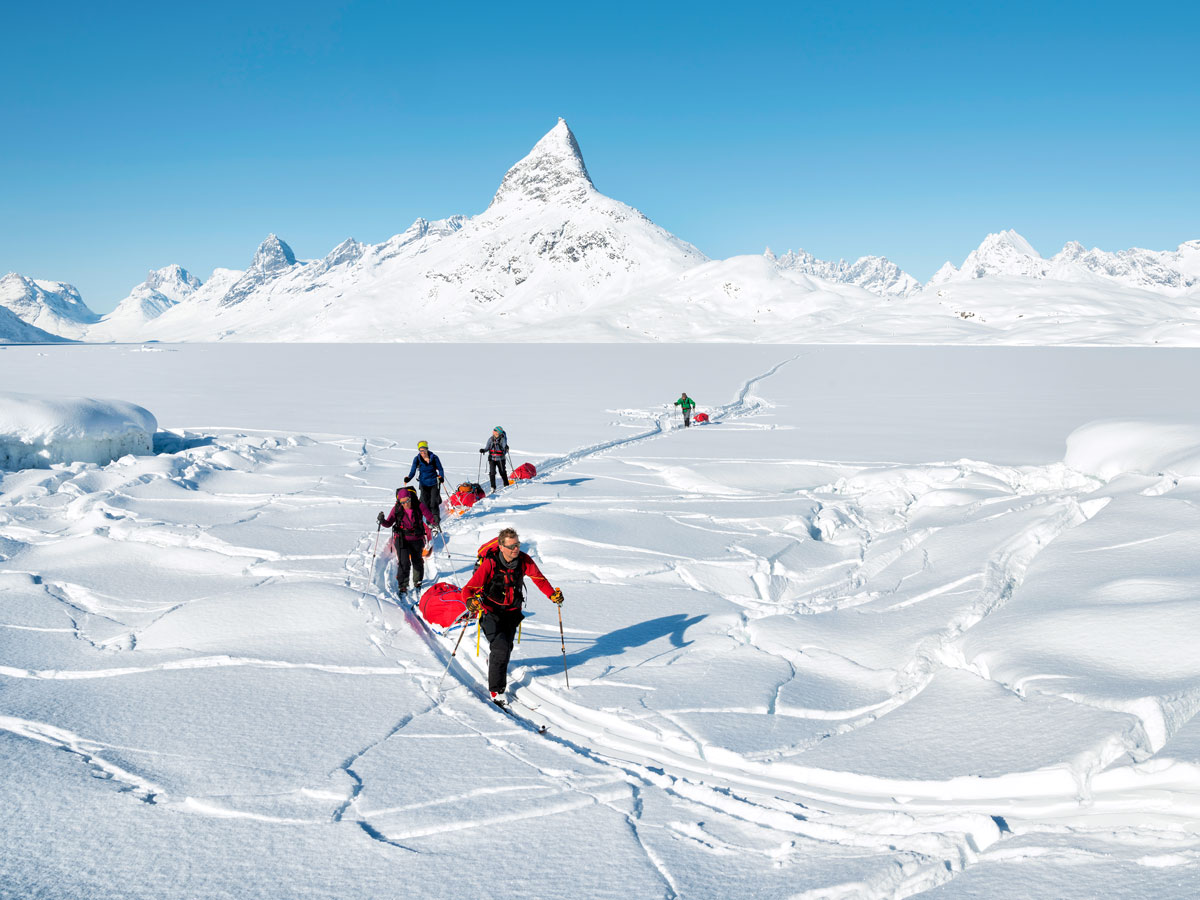 Ski tour through snowy landscape of Greenland