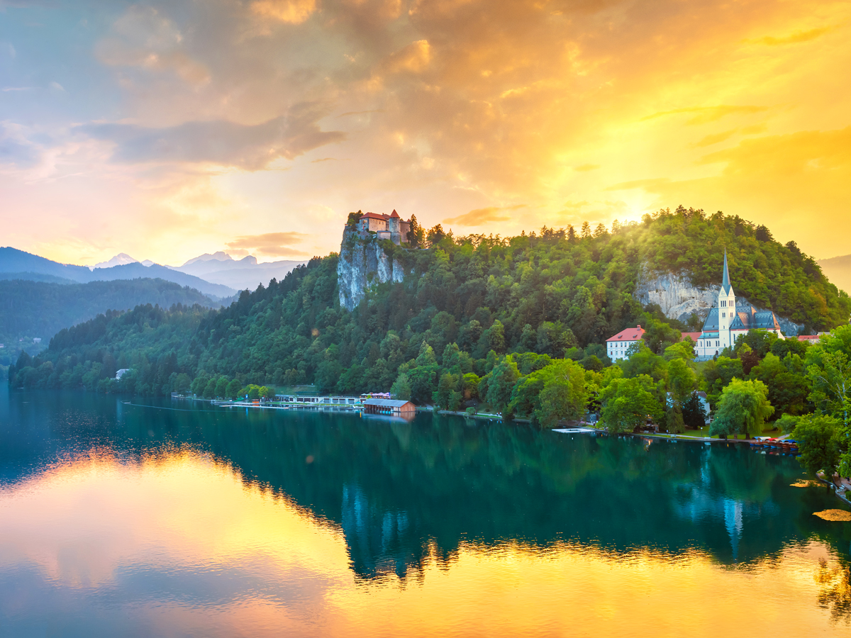 Sunset over Slovenia's Lake Bled